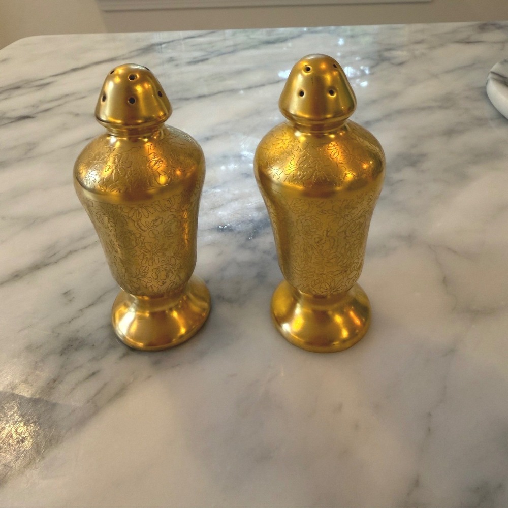 Vintage 30s Pickard China Gold Etched Rose Brocade Salt and Pepper Shakers Set